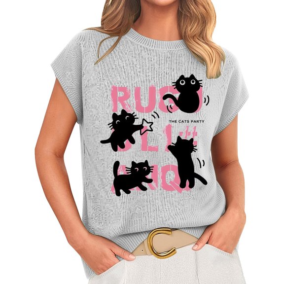 Knitting Cat T-Shirt Outdoor Clothing Women Cropped T Shirts For Women Cute Basic Tops For Women Loose Fit Shirt Women Spring Tops For Women Short Sleeve Crochet Sweater
