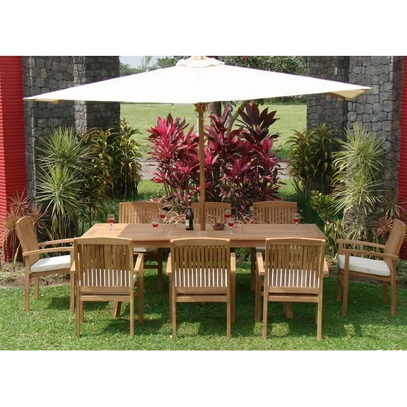 Teak Dining Set:8 Seater 9 Pc - 94" Rectangle Table And 8 Wave Stacking Arm Chairs Outdoor Patio Grade-A Teak Wood WholesaleTeak #WMDSWVb