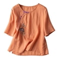 thumbnail image 1 of Top de manga corta de lino vintage holgado bordado para mujer - Blusa informal con cuello en V, 1 of 3