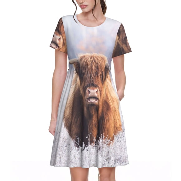 Vsdgher Cow for Womens Summer 2025 Casual Midi Maxi Dresses Lightweight Short Sleeve Round Neck Beach Dress