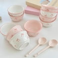 thumbnail image 4 of 2 Pcs Pink Bow Ceramic Bowls with Spoon Set 10oz Coquette Cute Soup Bowl Preppy Dessert Pudding Fruit Salad Decorations for Kitchen Decoration Pink White Bowl, 4 of 5
