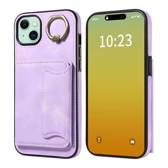 Case for iPhone 15 Plus, PU Leather 3 Card Slots with Finger Ring Holder Shockproof Phone Case