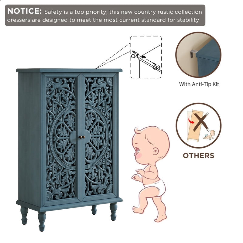 Freestanding Accent Storage Cabinet with Hollowed Out Carved Double Door, Farmhouse Display Buffet Chest with Adjustable Shelf
