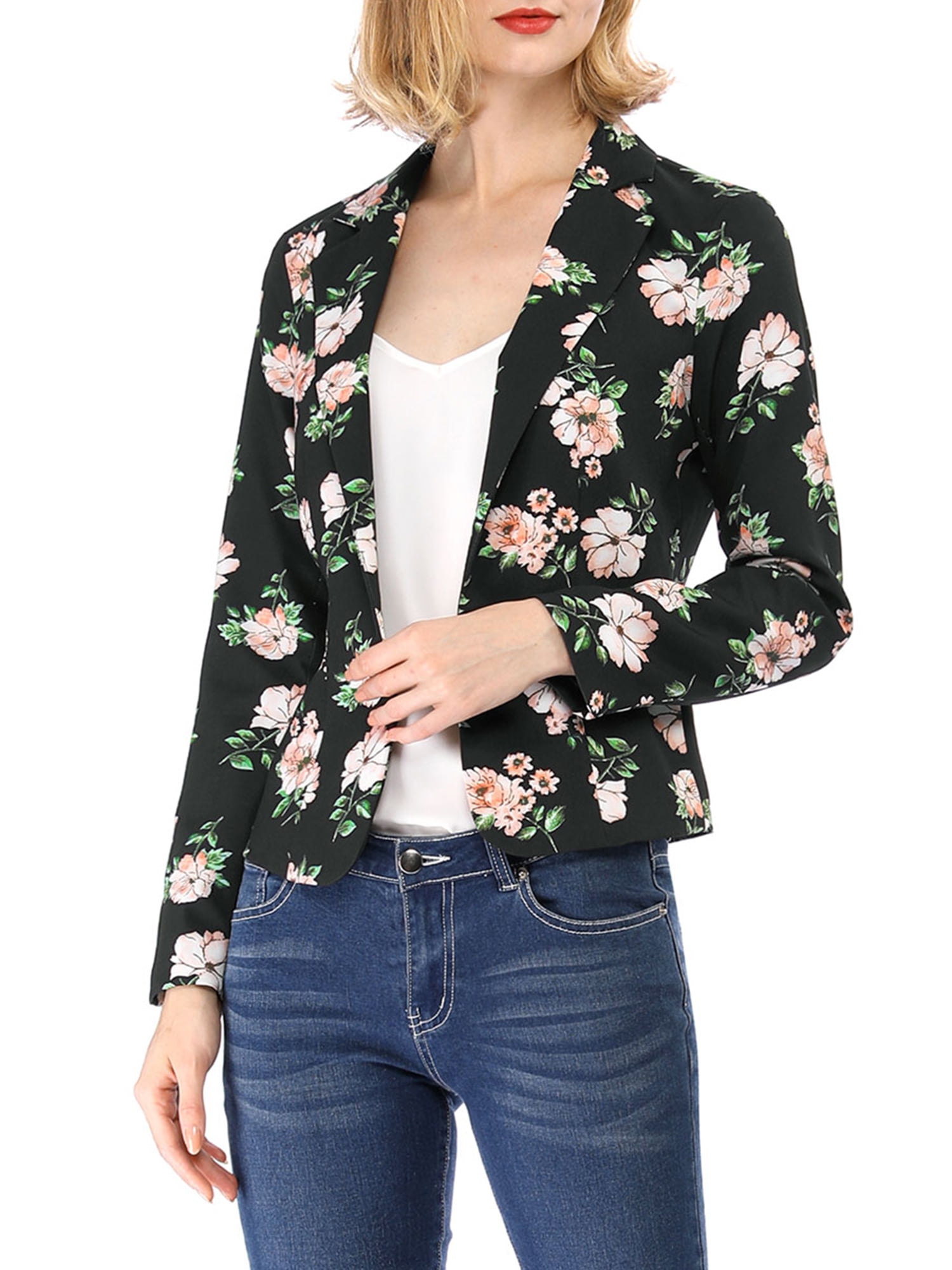 DARING DIVA Women's Elegant Notched Lapel Floral Print Blazer M Black-Floral