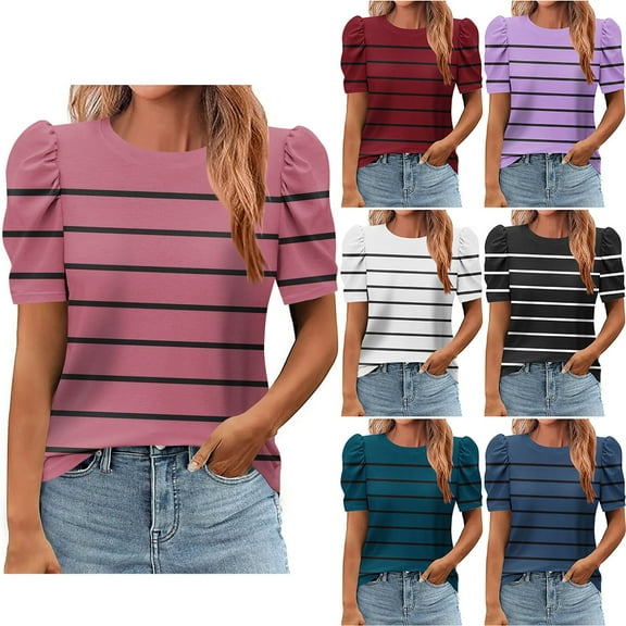 Simua Women's Summer Fashion Tops, Ladies Striped Printed Round Neck Short Puff Sleeve T-Shirt Loose Top Purple L
