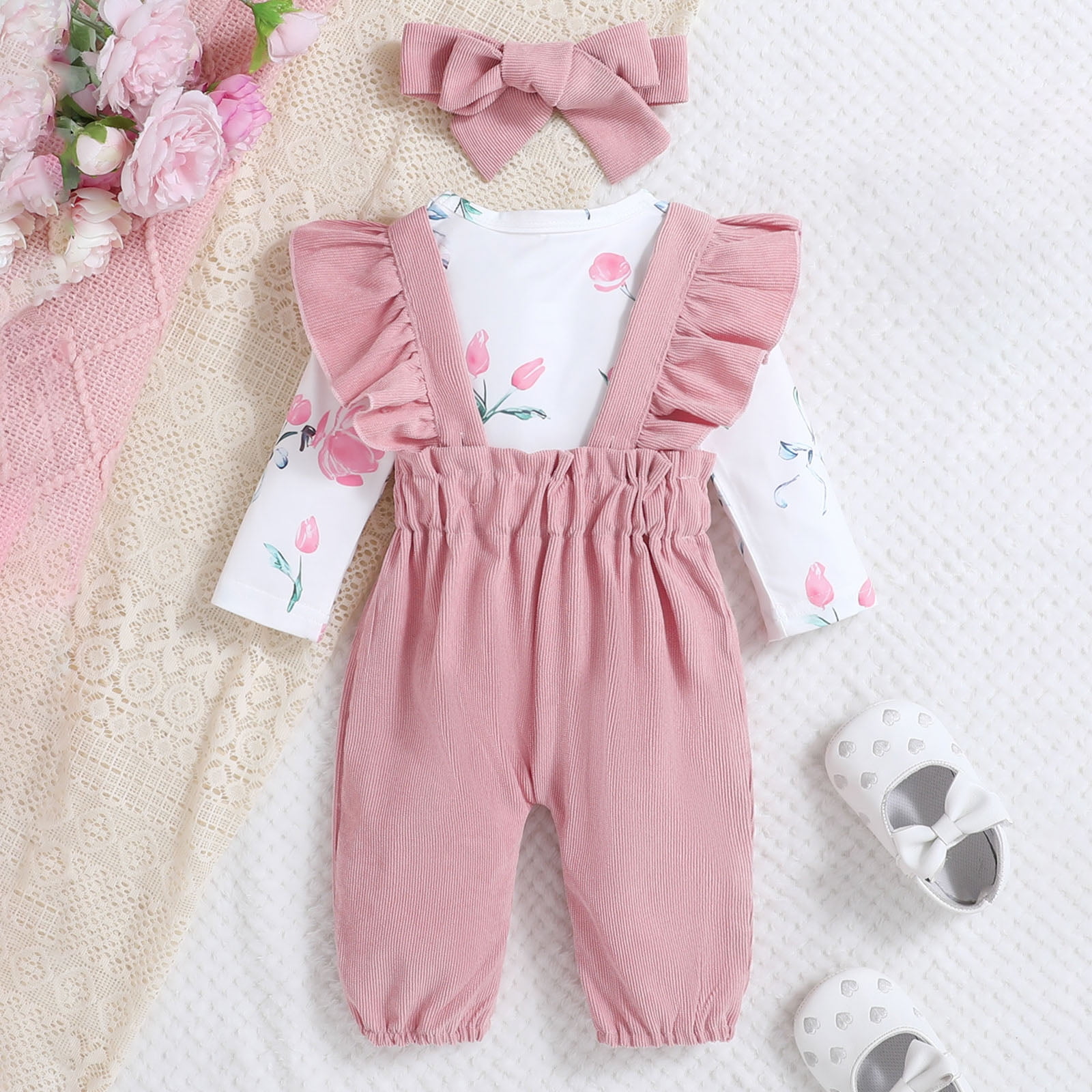 Karoyedx Baby Girls' Clothing Baby Girl Clothes Fall Winter Outfit Infant Girl Long Sleeve Ruffle Romper One Piece Jumpsuit with Headband Pink Size,0-3 Months