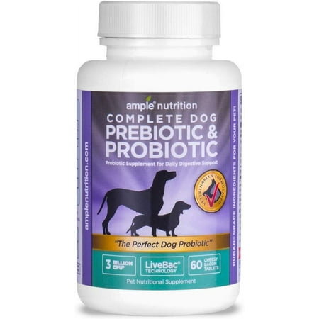 UPC: 0019962207419 | Ample Nutrition Complete Dog Prebiotic + Probiotic for Dogs 60ct Chewable Cheesy Bacon Tablets