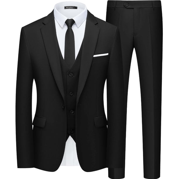 Traje WULFUL para hombre, ajustado, con un botón, 3 piezas, algodón negro