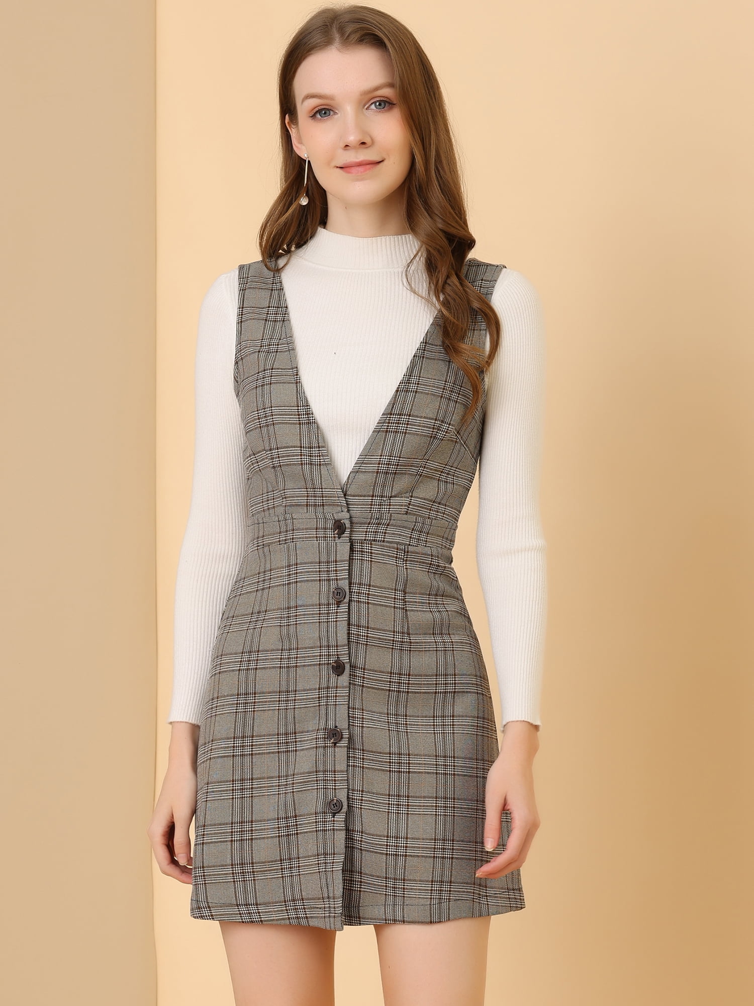 DARING DIVA Houndstooth Plaid Suspenders Pinafore Overall Dress S Brown Black