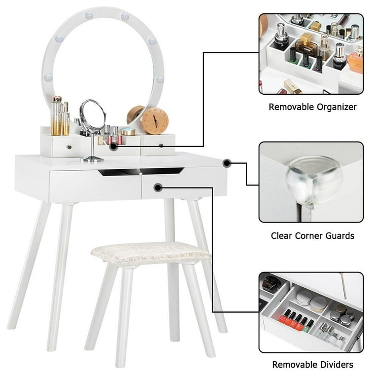 Ktaxon Vanity Set with Round Lighted Mirror Makeup Dressing Table with 8 Light Bulbs Cushioned Stool Set Bedroom Vanities Set White