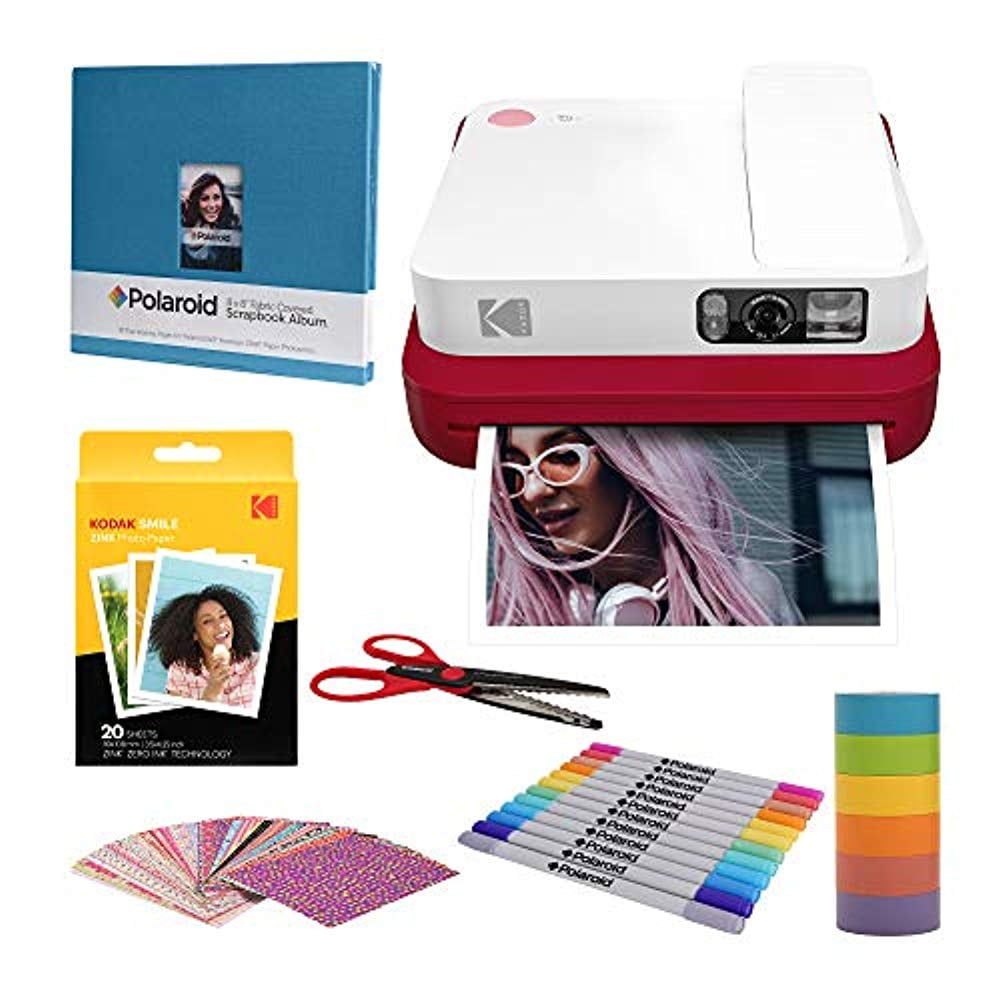 Kodak Printomatic Instant Camera (Black) Zink Paper (20 Sheets) 8x8  Scrapbook 12 Markers 100 Stickers 6 Scissors Washi Tape • Price »