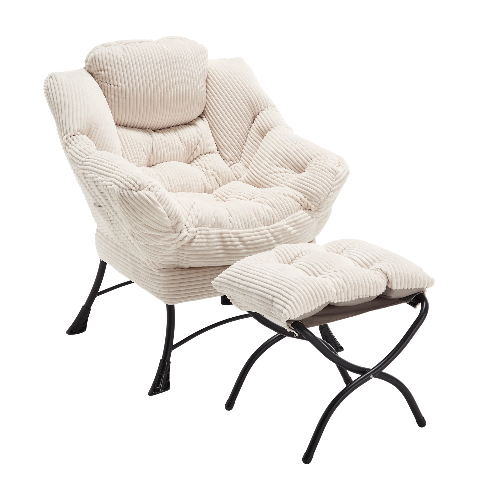 Lazy Chair with Ottoman, Modern Lounge Accent Chair with Armrests, Soft Flannelette Upholstery, Ergonomic Backrest, Side Pocket for Bedroom Living Room