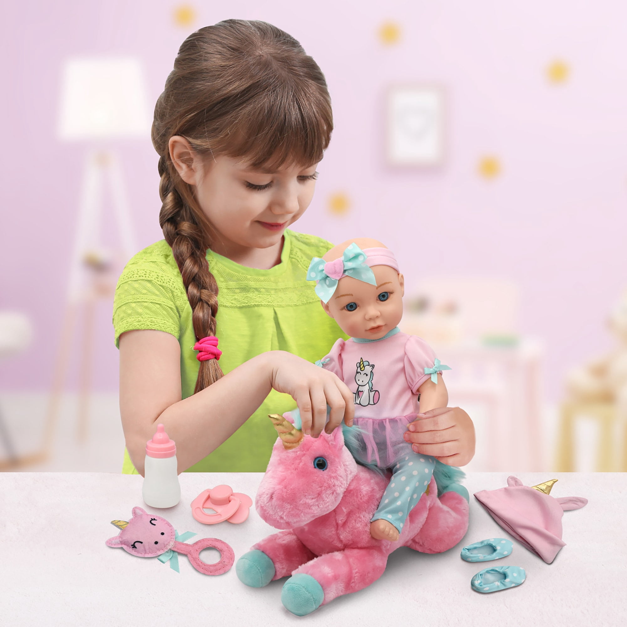 Little Darlings: 15" Hop On Baby Set - Unicorn, Pink, Green - Hard Body Baby Doll, Large Plush Unicorn, Hat & Accessories, New Adventures, Kids Age 3+