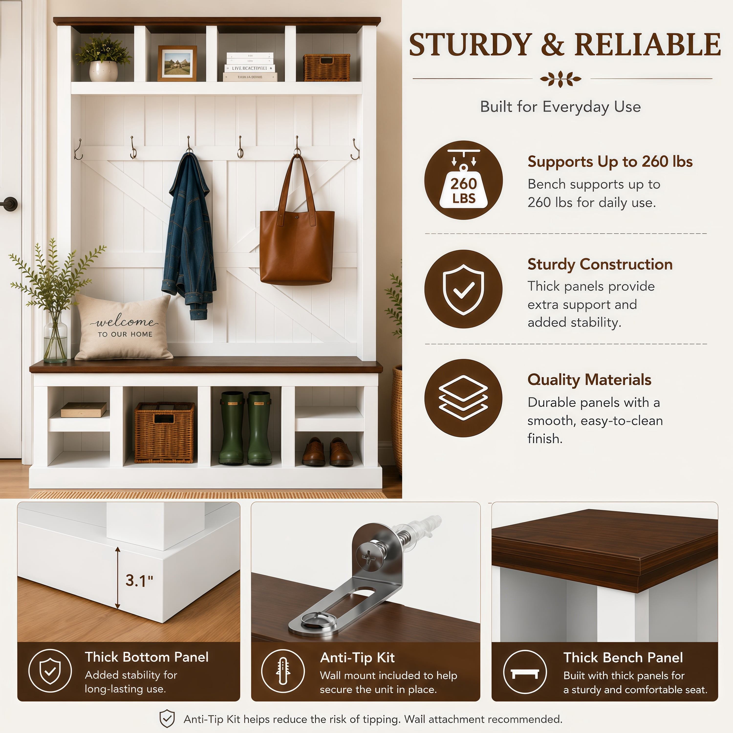 Aukfa 59" W Farmhouse Hall Tree, Large Entryway Storage Unit with Bench, 5 Hooks and Shoe Storage, White