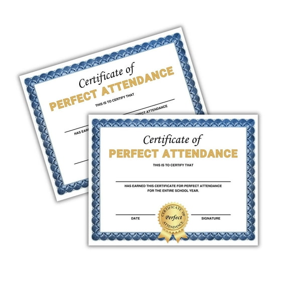 Perfect Attendance Certificate Award 30 pk 8.5x11 Blue Border Classic for Elementary School Teachers Graduation Banquet Middle Cardstock Superlatives