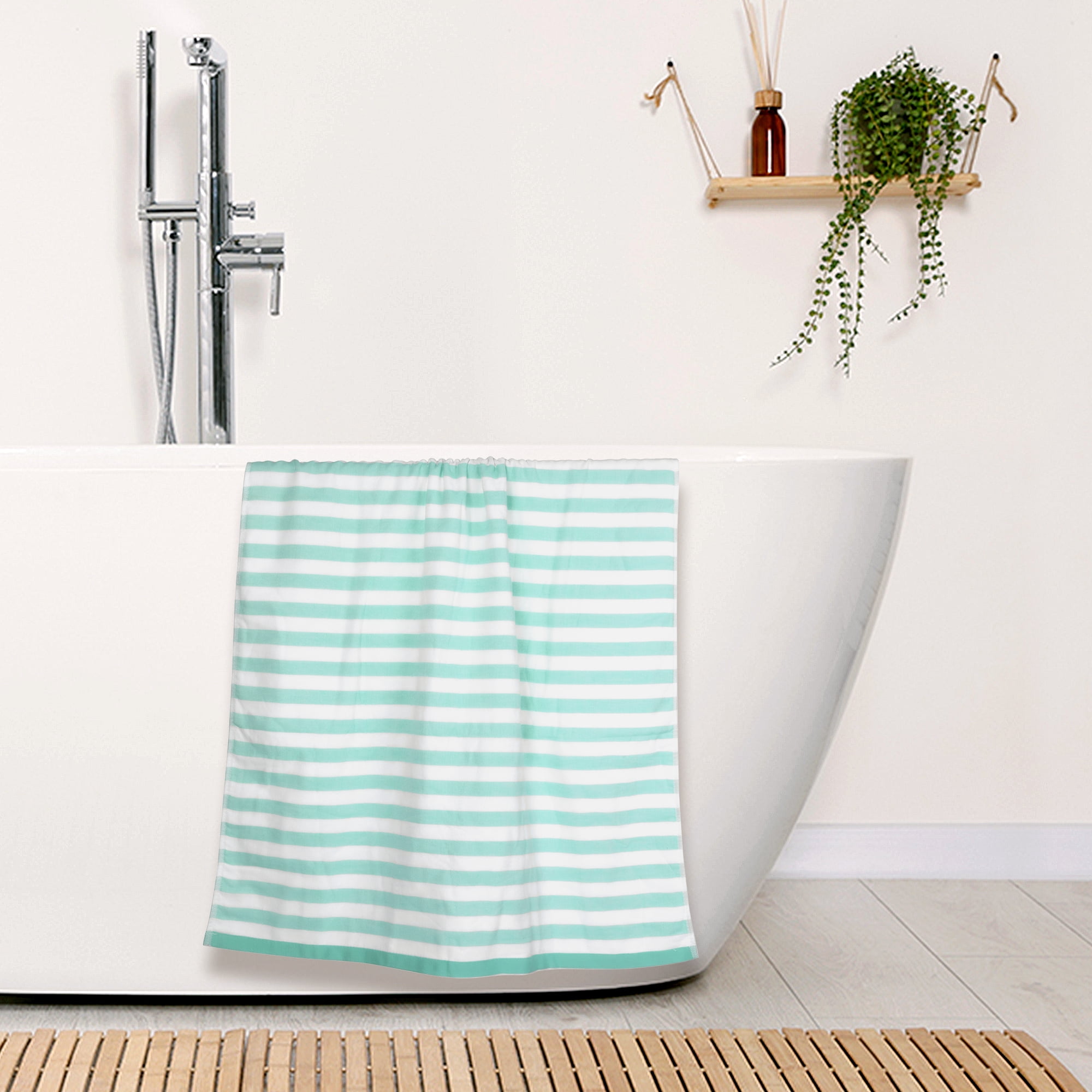 Unique Bargains Stripe 2 Pack Bath Towels Set Cotton Lightweight Towels for Bathroom Green 28" x 56"