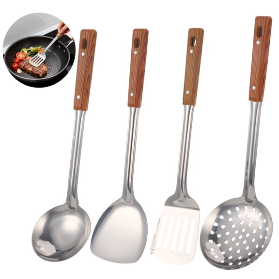 4 Pcs Kitchen Utensil Set, Stainless Steel Cooking Utensils with Faux Wood Handle, Include Wok Spatula, Slotted Turner, Skimmer Ladle & Soup Ladle, Dishwasher Safe, Essential Kitchen Gadgets
