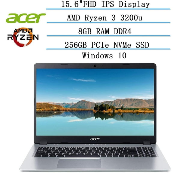 Acer Aspire 5 15.6" FHD Laptop, AMD Ryzen 3 3200U, 8GB RAM, 256GB SSD, Windows 10, Silver