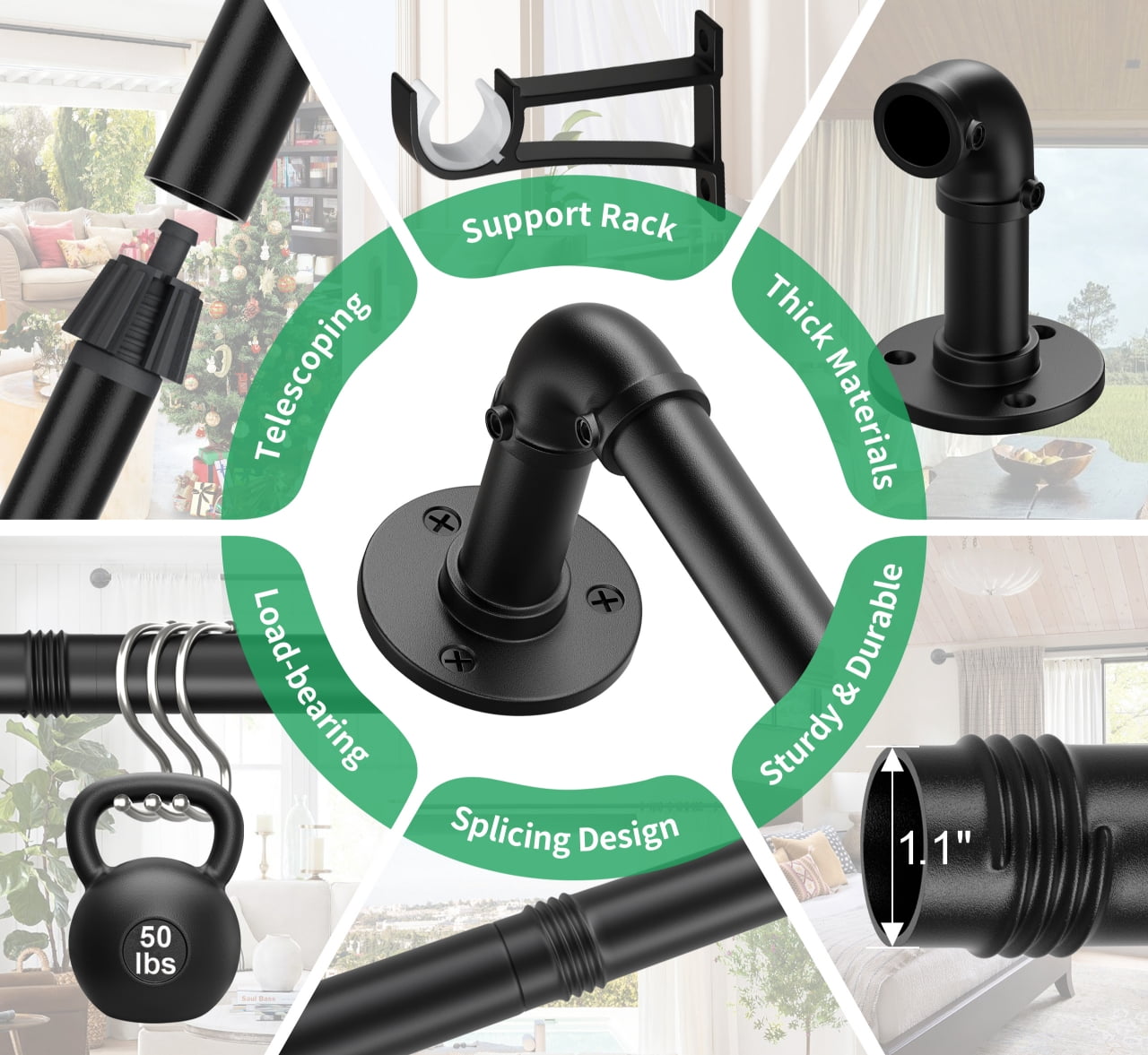 Curtain Rods for Windows 66 to 120, Black Adjustable Curtain Rod, 1 Inch Industrial Heavy Duty Curtain Rods, Blackout Wrap Around Curtain Rod, Indoor/Outdoor Curtain Rod