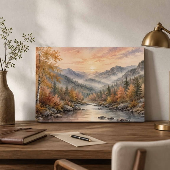 Fall Landscape Canvas Wall Art, Orange Maple Trees Forest Mountain Peak Wall Art Prints Artwork Framed Canvas Ready to Hang Art Pictures for Bathroom Nightstand, Narrow Hallway 14" x 11"