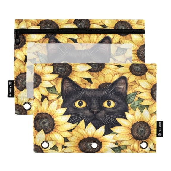 Wobogo Sunflower Cat Pencil Pouch with 3 Ring Binder Holes Set of 2 for Learning Tools