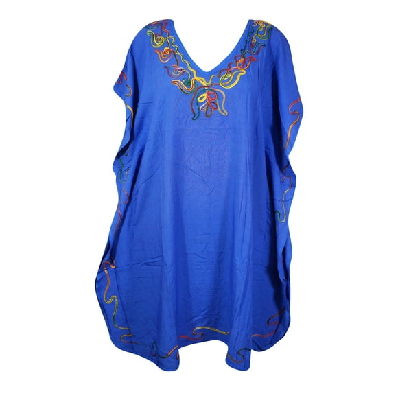 Mogul Bohemian Style Short Women Blue Embroidered Kaftan S/M