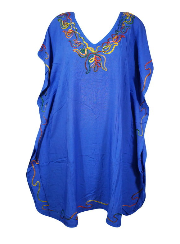 Mogul Bohemian Style Short Women Blue Embroidered Kaftan S/M