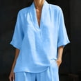 thumbnail image 4 of Cagogo Women Plus Size 2 Piece Set V Neck 3/4 Sleeve Shirt Shorts Casual Solid Loose Travel Outfits Lounge Tracksuits Summer Cruise Clothes Matching Lounge Sets, Blue 3XL, 4 of 8