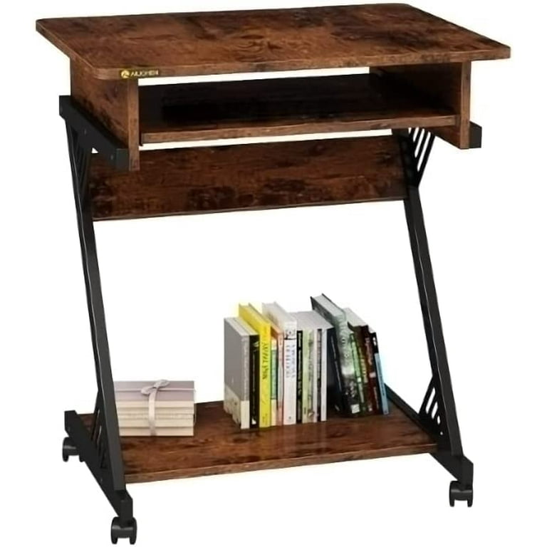 ALISENED Computer Desk for Small Spaces,23.6 Z-Shaped Compact Study Table  with Smooth Keyboard Tray,with Wheels and Bottom Shelves for Home