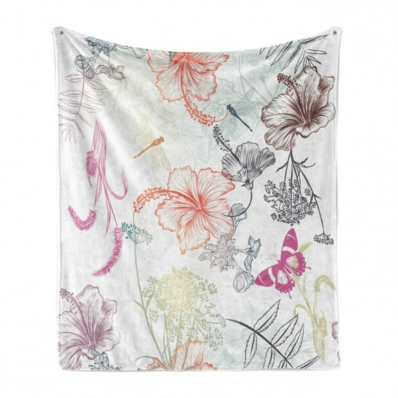 Dragonfly Soft Flannel Fleece Blanket, Floral Design Hibiscus Ornaments Moth Dragonfly Symbolic Transformation Creature, Cozy Plush for Indoor and Outdoor Use, 70" x 90", Multicolor, by Ambesonne
