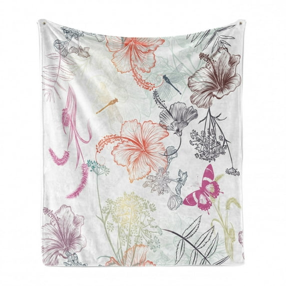 Dragonfly Soft Flannel Fleece Blanket, Floral Design Hibiscus Ornaments Moth Dragonfly Symbolic Transformation Creature, Cozy Plush for Indoor and Outdoor Use, 70" x 90", Multicolor, by Ambesonne