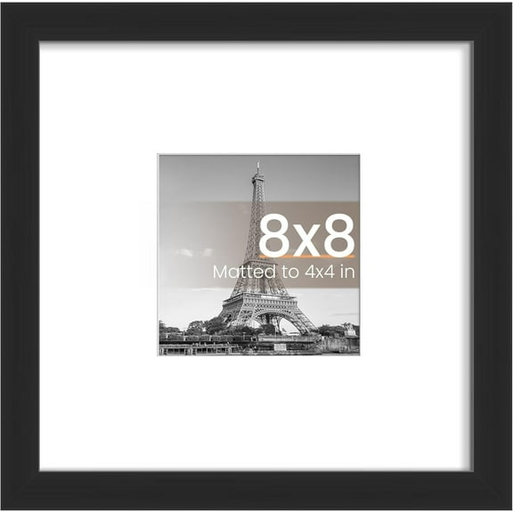 Fusion  8x8 Picture Frame, Display Pictures 4x4 with Mat or 8x8 Without Mat, Wall Hanging Photo Frame, Black, 1 Pack