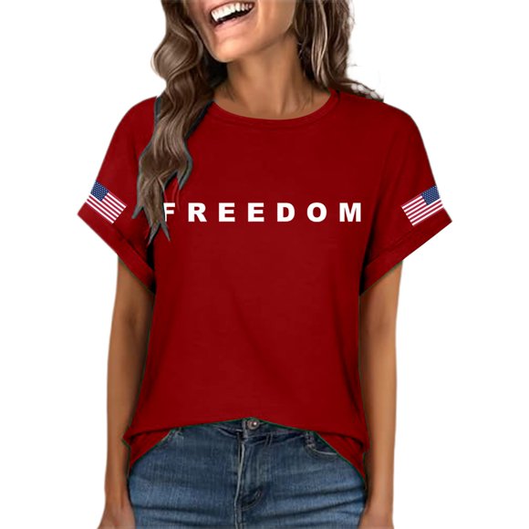 Red Women's Freedom American Flag Print Casual T Shirt A True Patriot Shirt Crew Neck