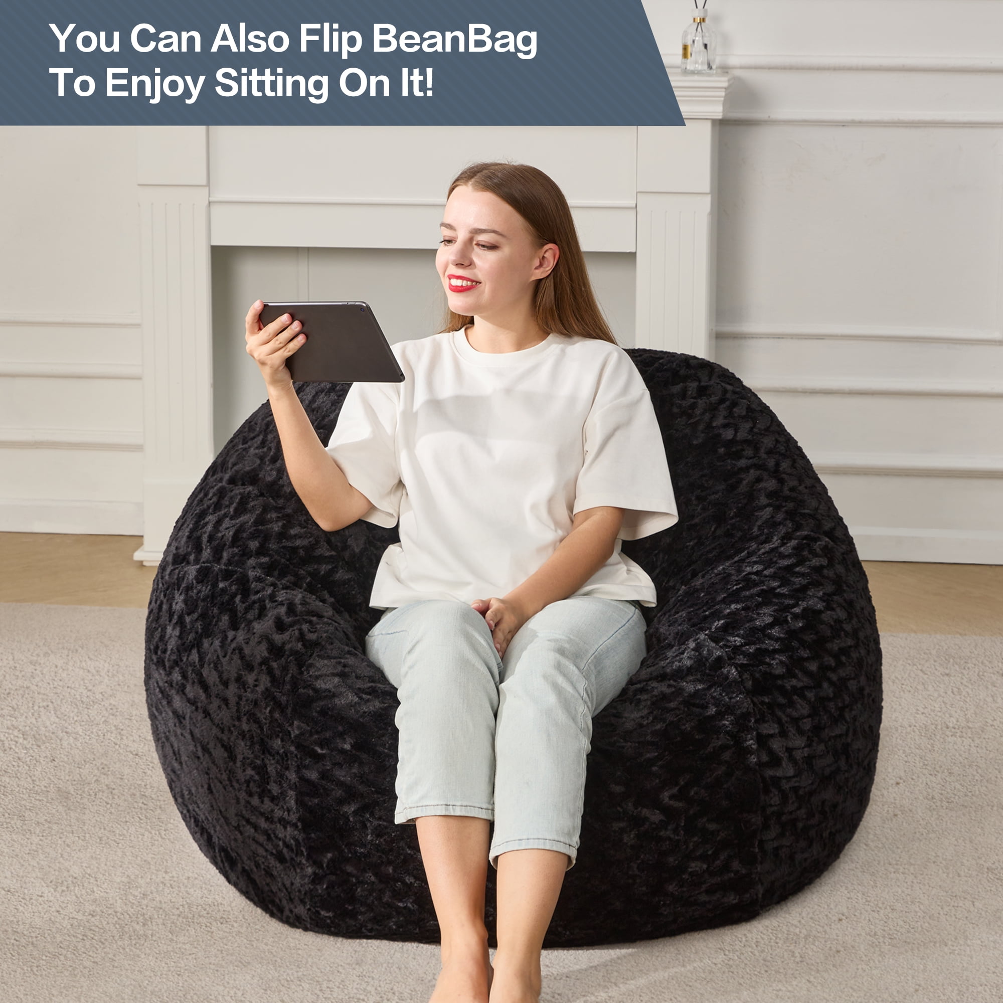 Hobestluk 3ft Bean Bag Chairs for Adults Large Beanbag Chair with Chevron Plush Fur Cover Big Bean Bag Chair for Living Room Bedroom Dorm Office - Black (36” x 36” x 22”)
