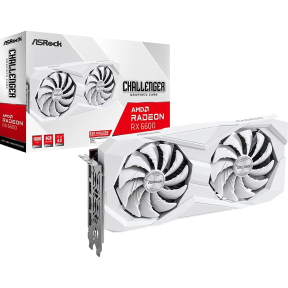 ASRock Tarjeta gráfica AMD Radeon RX 6600 Challenger Blanca 8GB GDDR6 Enfriamiento silencioso 0dB 128 bits 7680 x 4320 DisplayPort HDMI 14 Gbps Doble ventilador 7 nm