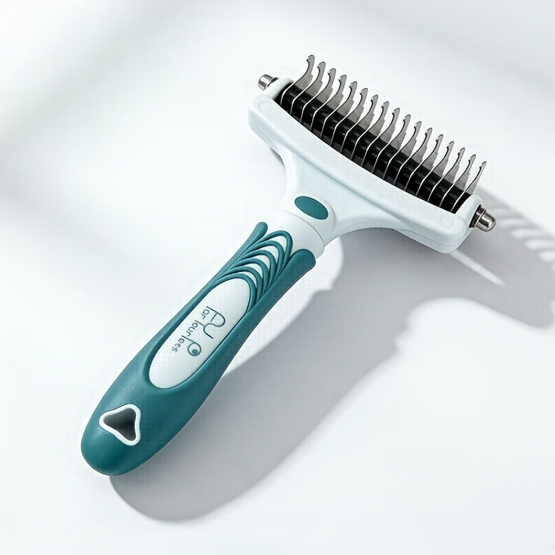Pet Undercoat Rake Double Sided Dematting Comb for Dogs & Cats Stainless Steel Blades Grooming Brush Non-Slip Ergonomic Handle for Removing Mats Tangles and Loose Hair