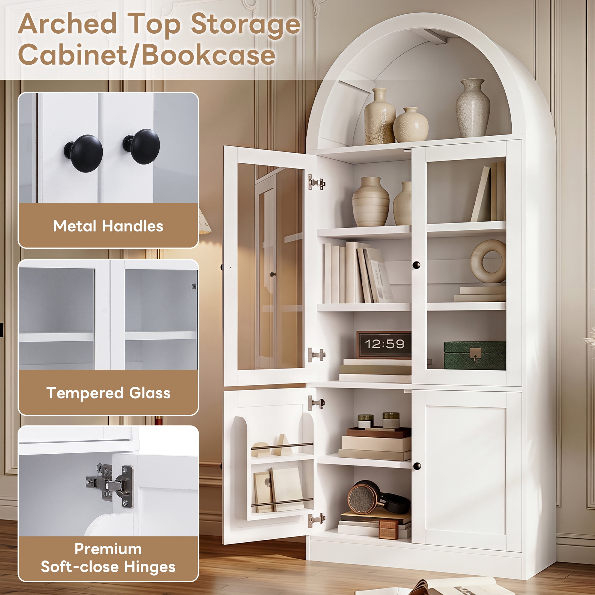 Mintazer Arched Top Tall Storage Cabinet, Display Bookcase with Glass Doors & 5-Tier Shelves, Farmhouse Freestanding Hutch for Living Room Dining Room Study, White