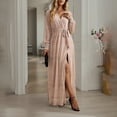 thumbnail image 2 of Vestido de mujer con lunares y lentejuelas, vestido de noche largo elegante sexy con escote en V, manga larga, cintura alta, abertura, vestido maxi con cinturón, 2 of 7
