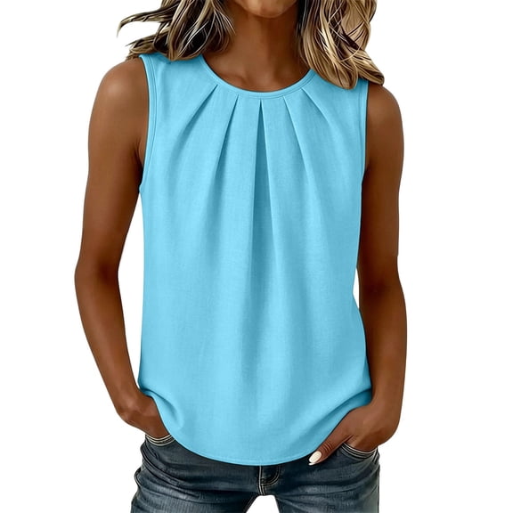 Women's Pleated Crew Neck Sleeveless Tank Top, Casual Loose Chiffon Tunic Top, Breathable Office Work Daily Blouse for Women S-2XL