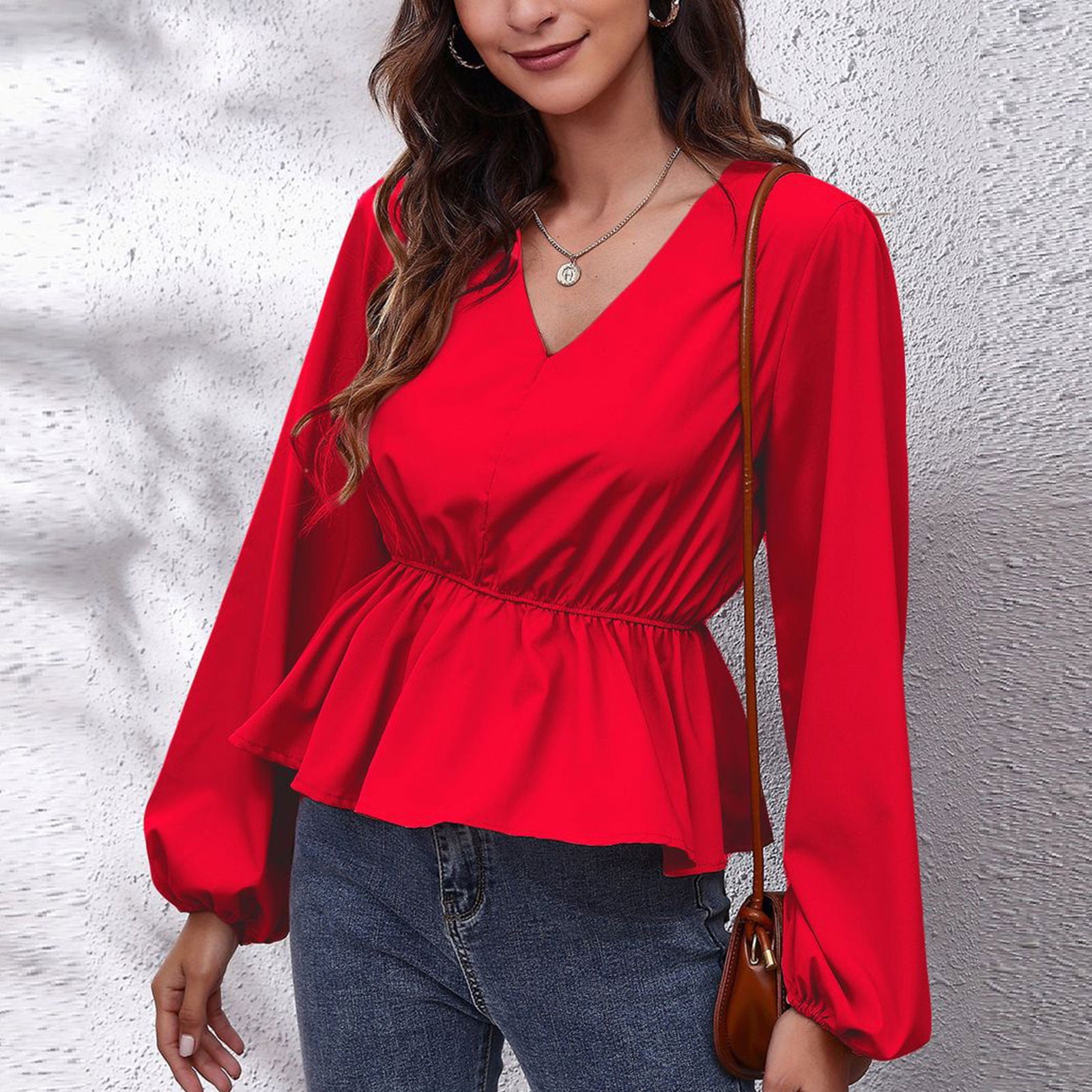 TIHLMK Sleeve Blouse Deals Clearance Women's Autumn Winter V-Neck Lantern Sleeve Chiffon Shirt Color Waist Long-Sleeved Top Red - Walmart.com