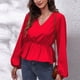 thumbnail image 2 of Camisa de chifón con manga farol y cuello en V para mujer de otoño e invierno, Top de manga larga con cintura de Color sólido Pompotops  FGAJ14296, 2 of 9