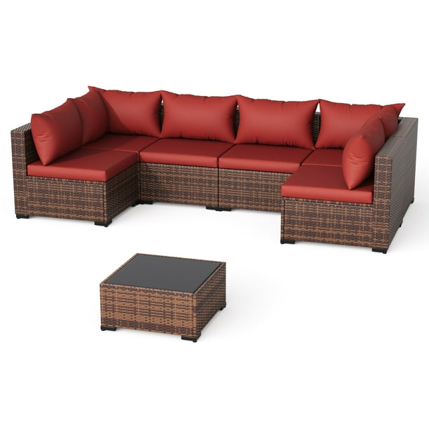 ELPOSUN 7 Pieces Patio Furniture Set All Weather Outdoor Sectional Sofa, Outdoor Modern Sectional Furniture Wicker Couch with Glass Coffee Table, Thicken Red Cushions, Water... ELPOSUN 7 Pieces Patio Furniture Set All Weather Outdoor Sectional Sofa, Outdoor Modern Sectional Furniture Wicker Couch with Glass Coffee Table, Thicken Red Cushions, Water... - Image 4