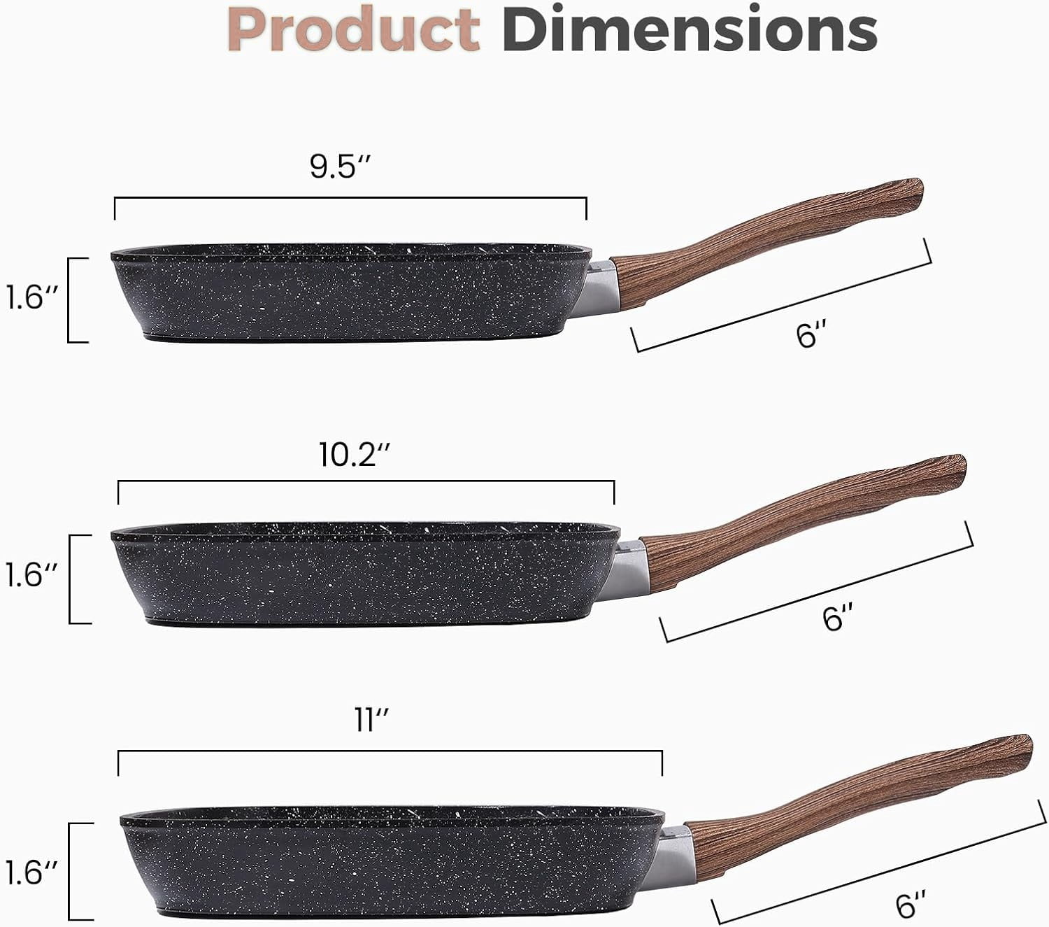 Parcus 3 Pieces Nonstick Grill Pan Set, Square Grill Pans with Stay-Cool Handles, Compatible with All Stovetops for Steak BBQ Vegetables, (9.5" 10" 11"), Black