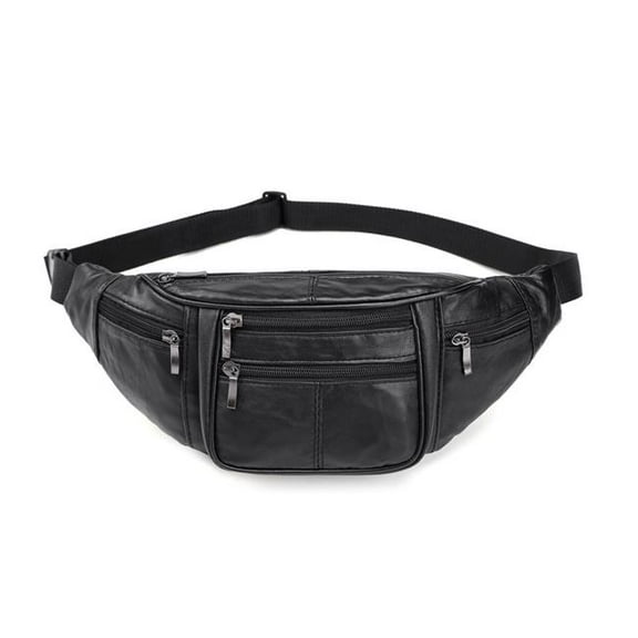 iLeather Collection L106 Black iLeather Genuine Leather Large Size 5 Pockets Fanny Pack Waist Pack - Black