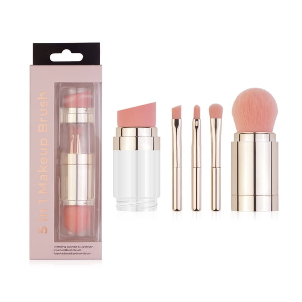Brocha de Maquillaje 5 en 1, Diseño de Empuje Remberil Multifuncional, Base Portátil, Polvo Suelto, Sombra de Ojos, Pincel Para Labios y Cejas