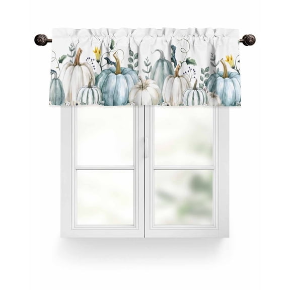 Fall Thanksgiving Kitchen Valances for Windows Teal Blue White Pumpkins Leaf Flower Valance Curtains for Kitchen /Living Room/Bedroom/ Bathroom Decor, 54"x18 " ,Rod Pocket 1 Panel, White