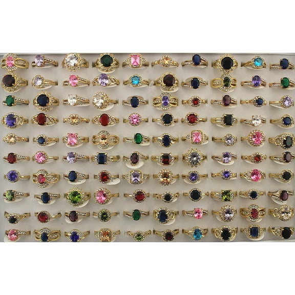 EOEMY Wholesale 32Pcs Mixed Lots Gold P Jewelry Cubic Zirconia Rhinestone Lady'S Rings