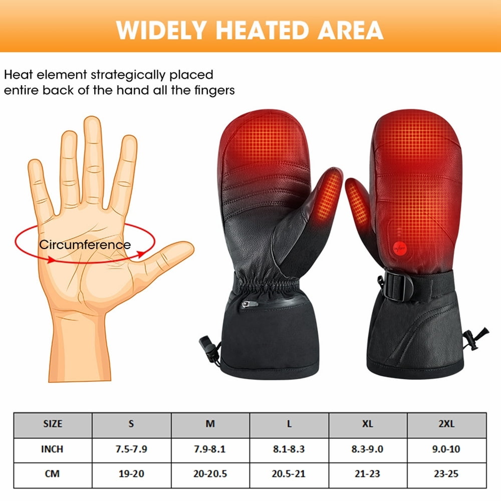 Sun Will Black Leather Waterproof Snow Gloves, Rechargeable Heated Touch Screen Warm Ski Mittens S-2XL