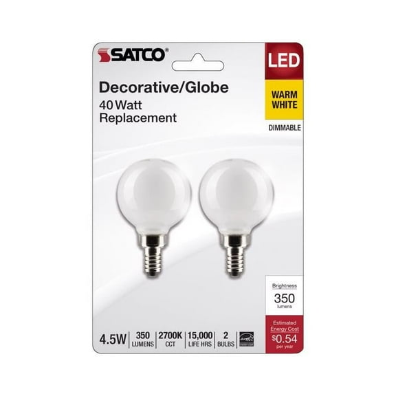 Satco 3012524 G16.5 E12 Candelabra Filament LED Bulb Warm White - 40W Equivalence - Pack of 2