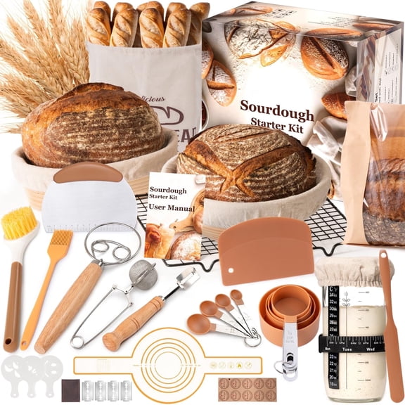 Sourdough Starter Kit with Round & Oval Banneton Bread Proofing Basket, Bread Sling, Starter Jar, Dough Whisk, Scrapers, Stencils, Complete Sourdough Bread Baking Supplies